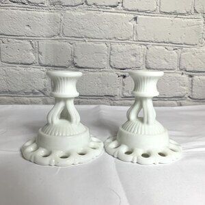 Westmoreland Doric Lace White Milk Glass Candlestick Holders